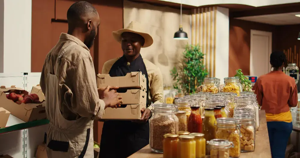 man  selling goods to a customer